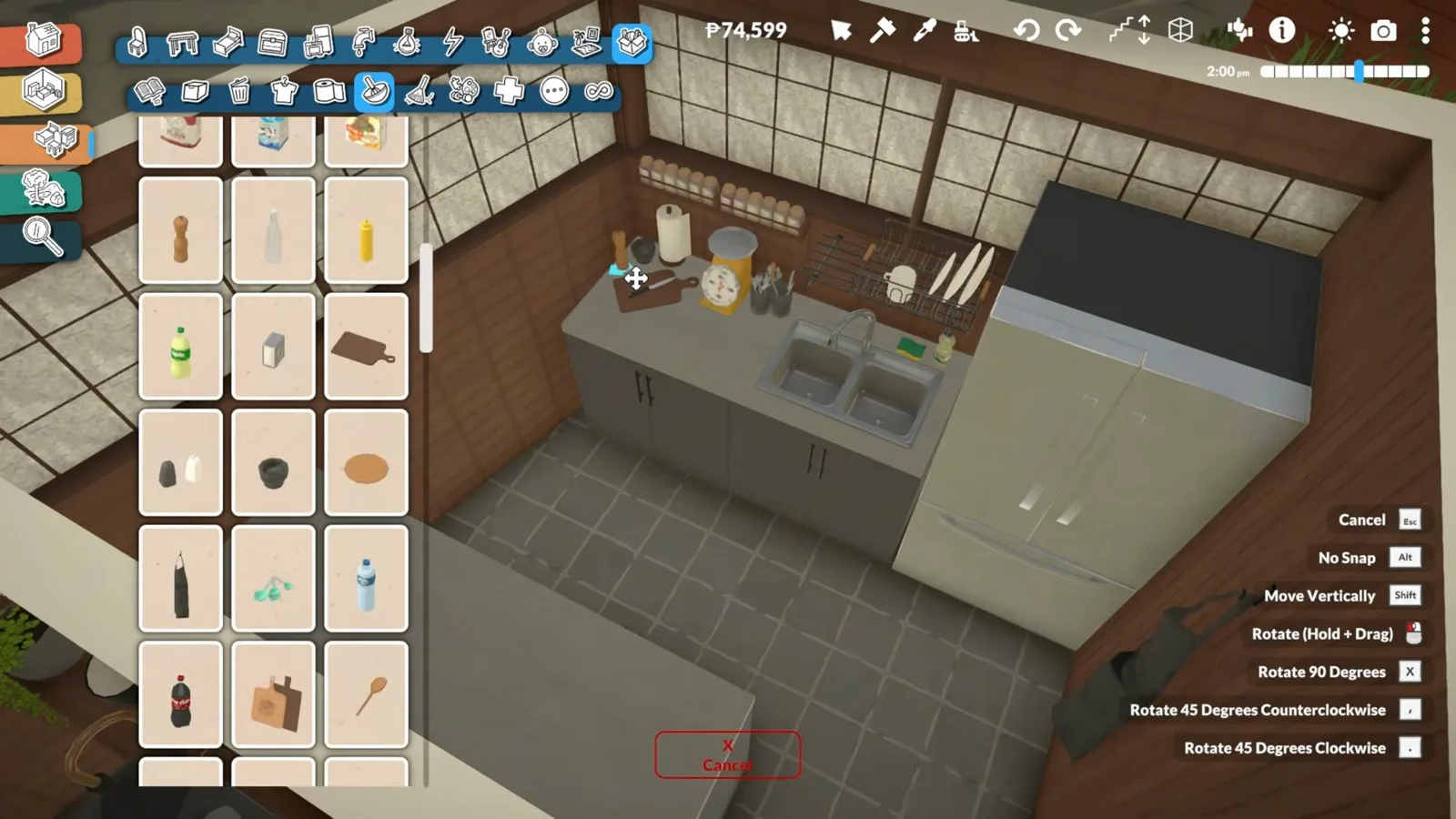 Compact Paralives ramen kitchen with grey counters, a fridge and lived-in clutter beside frosted shoji-style windows
