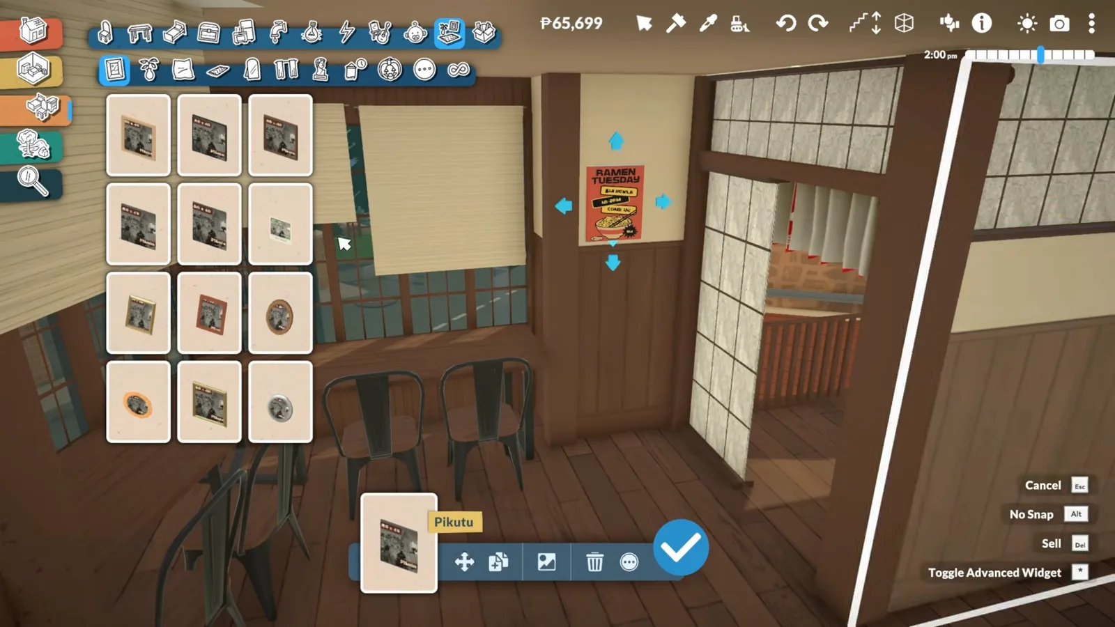 Ramen poster being placed between two shoji-style windows in a Paralives dining room with the wall art catalogue open