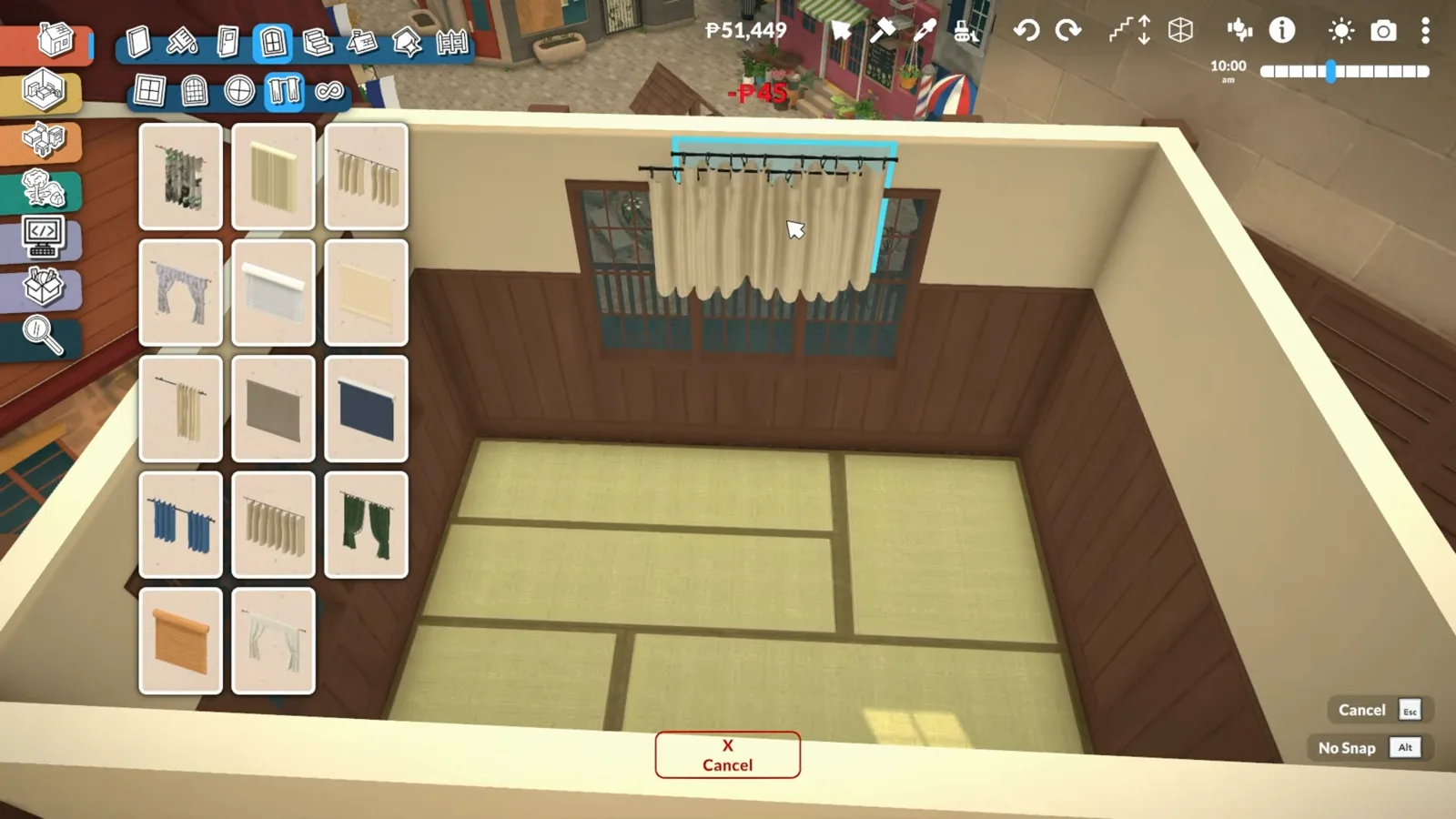 Homemade tatami mat floor pattern under a bedroom window in Paralives with the curtain catalogue open