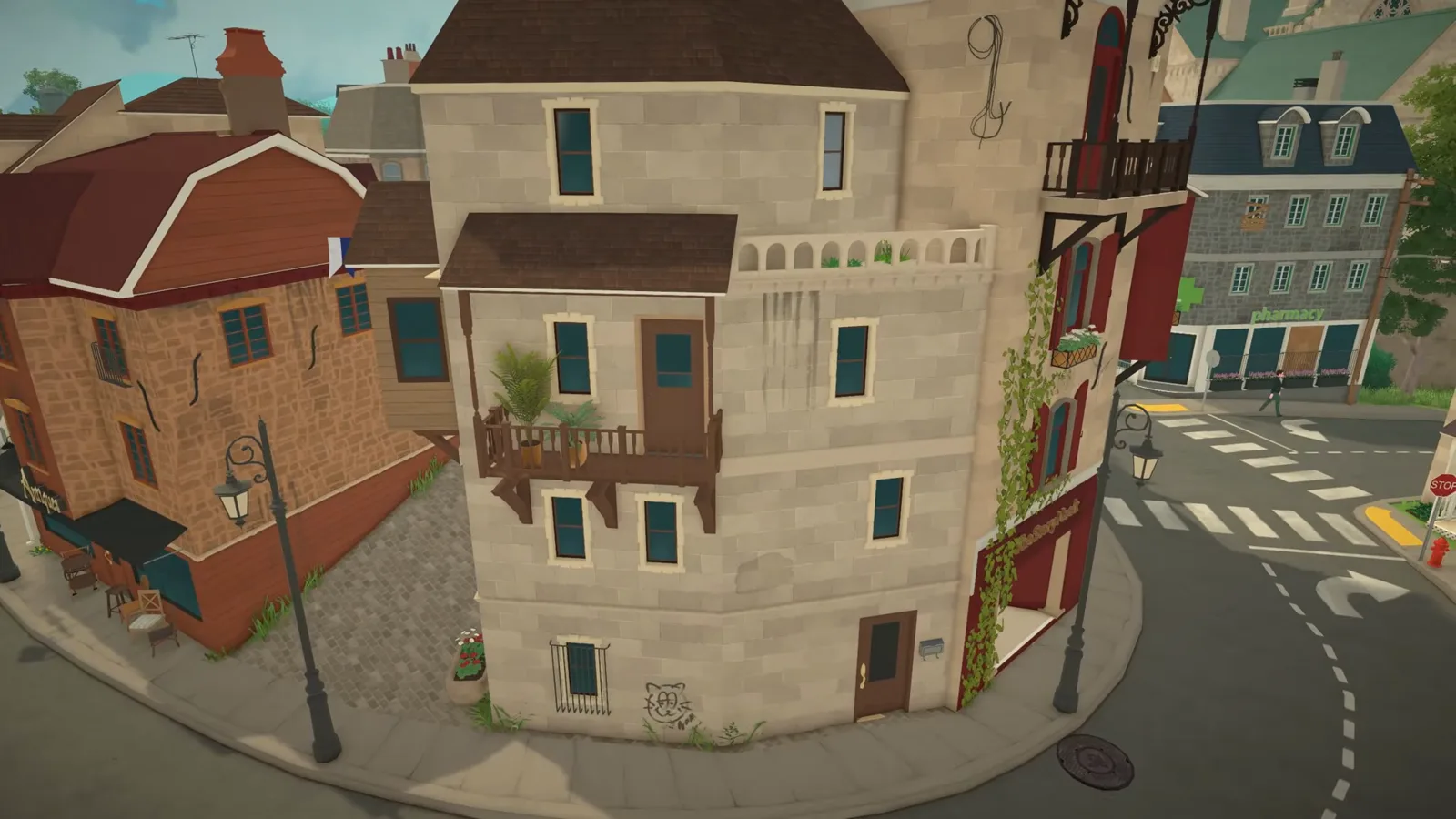 Boring grey corner apartment with a worn wooden balcony on an angled city lot before its Paralives ramen shop remodel
