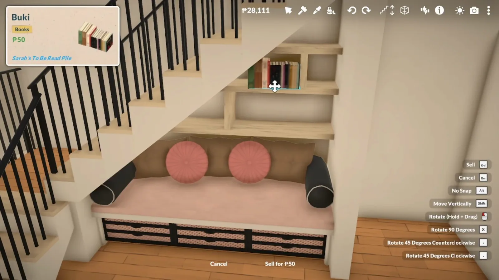 A cushioned bench with round pillows built into a Paralives under-stairs book nook A cushioned bench with round pillows built into a Paralives under-stairs book nook