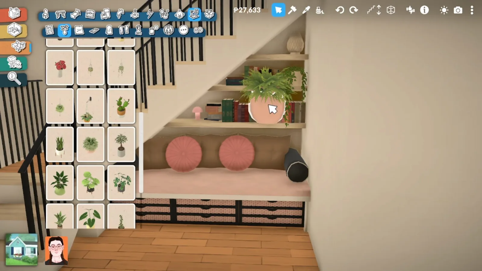 Finished Paralives under-stairs reading nook with books, cushions and a hanging plant Finished Paralives under-stairs reading nook with books, cushions and a hanging plant