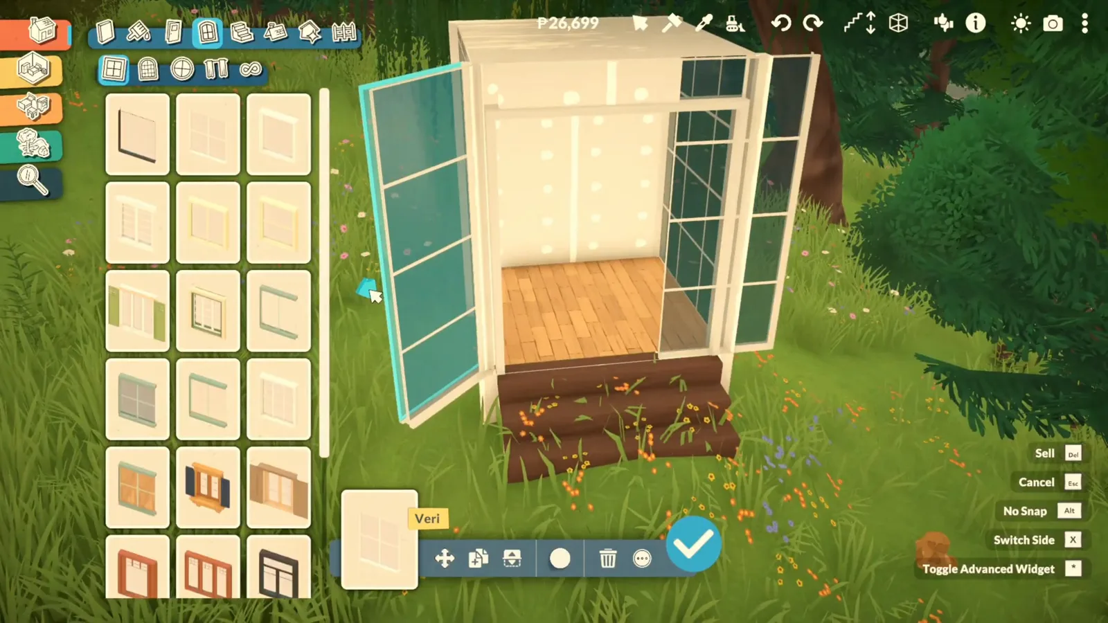 A teal-framed glass door from the Paralives catalogue on a wooden reading pavilion floor A teal-framed glass door from the Paralives catalogue on a wooden reading pavilion floor