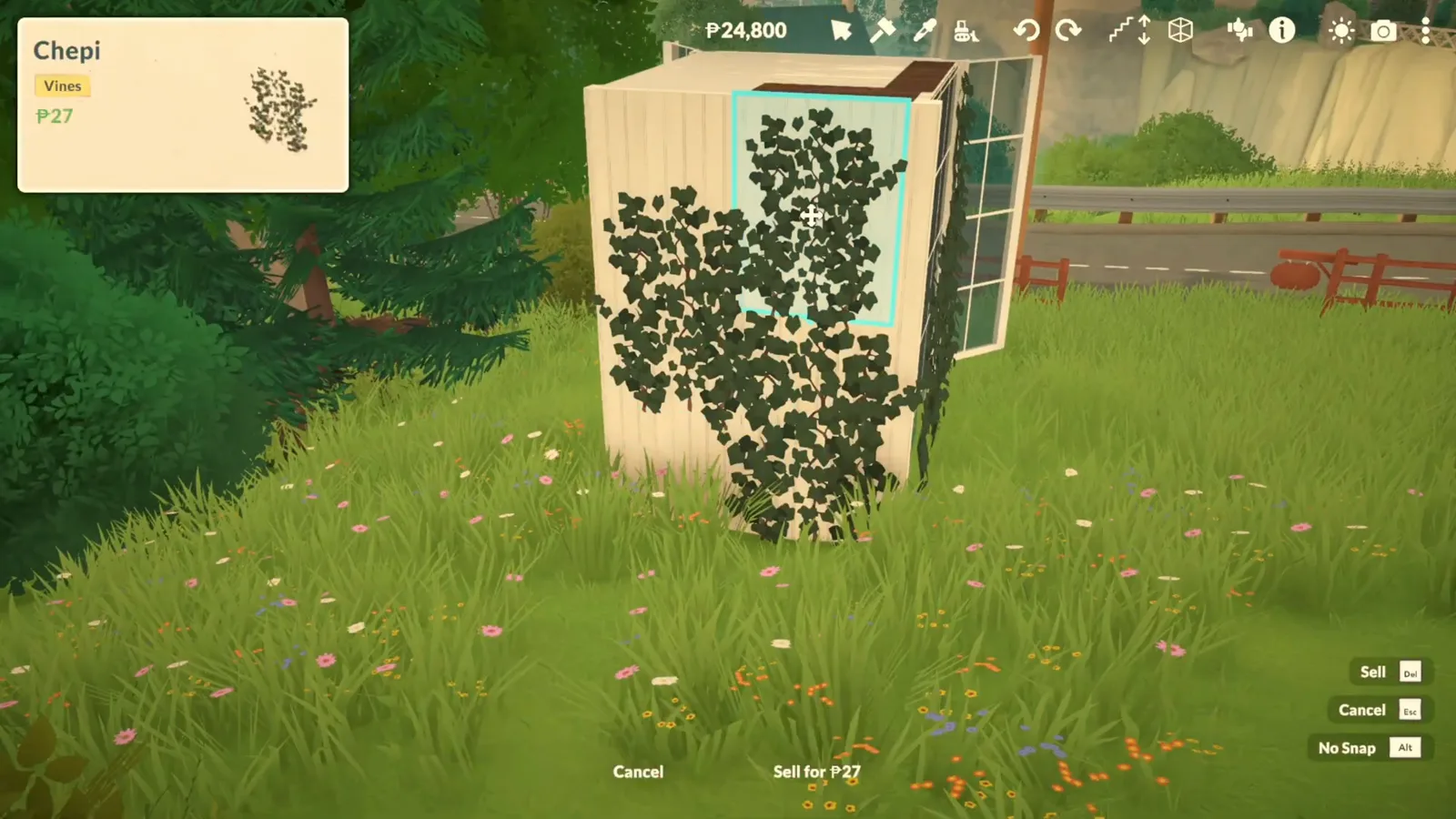 Chepi vine climbing the corner post of a Paralives reading pavilion with its item card showing Chepi vine climbing the corner post of a Paralives reading pavilion with its item card showing