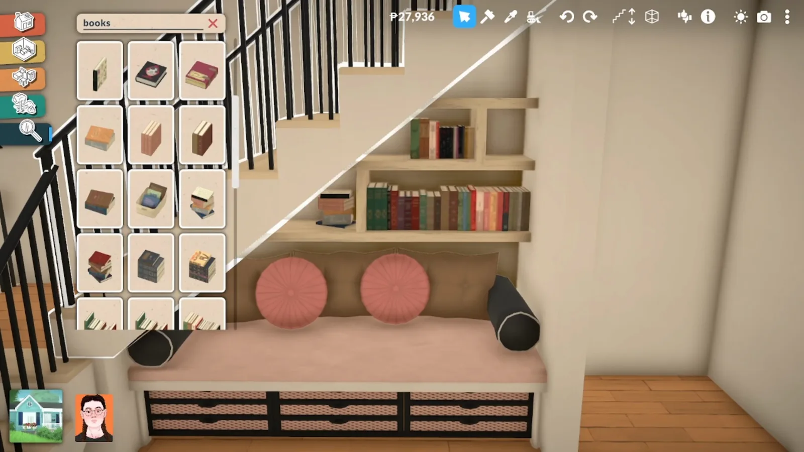 Stacking books and a trailing plant on the shelves of a Paralives reading nook Stacking books and a trailing plant on the shelves of a Paralives reading nook