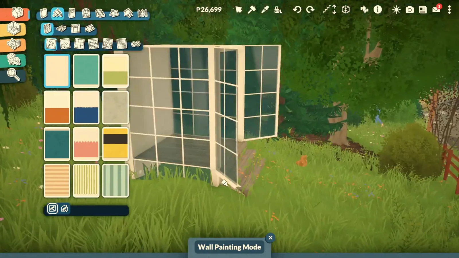 Wall Painting Mode swatches recolouring the window frames of a Paralives garden reading nook Wall Painting Mode swatches recolouring the window frames of a Paralives garden reading nook