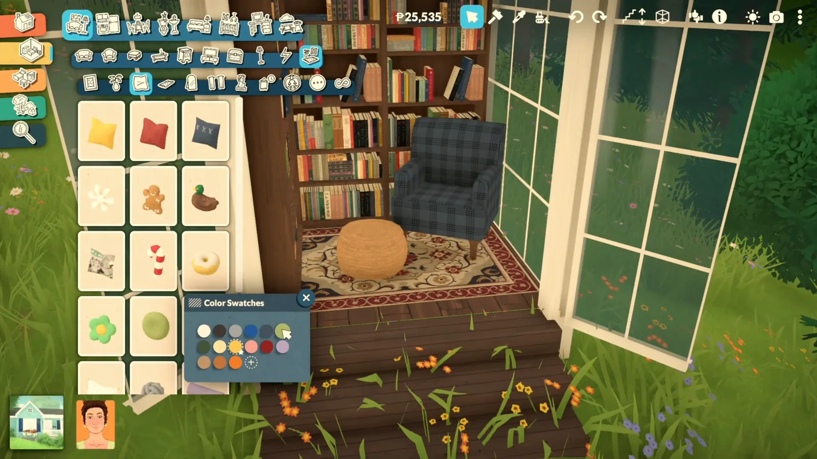 Recolouring a woven pouf with Paralives colour swatches inside a book-lined reading nook Recolouring a woven pouf with Paralives colour swatches inside a book-lined reading nook