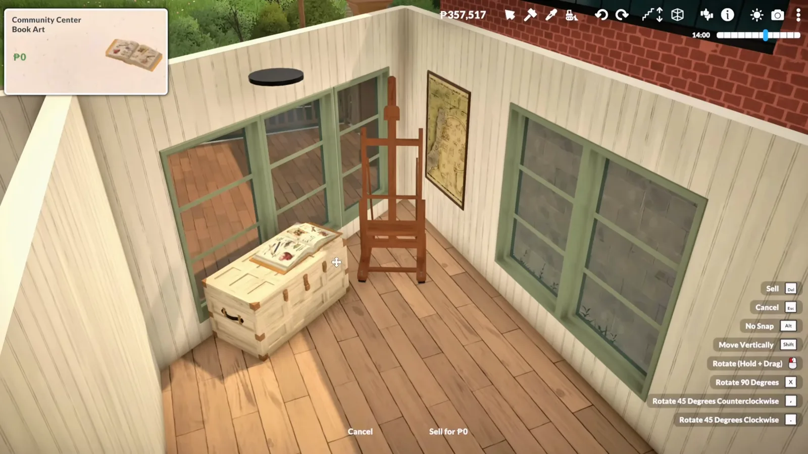 Artist bedroom creative corner in Paralives with a wooden easel, treasure chest and wall map beside the green bedroom windows