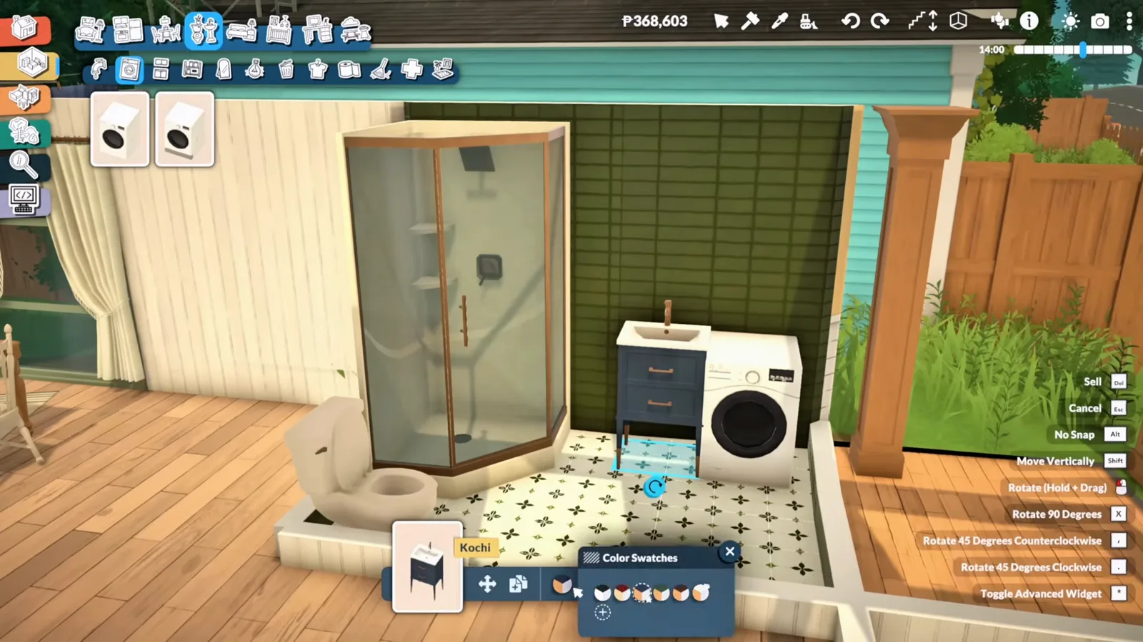 Reworked Paralives bathroom with a glass shower cabin, a washer and dryer, and dark green tiles matching the house palette