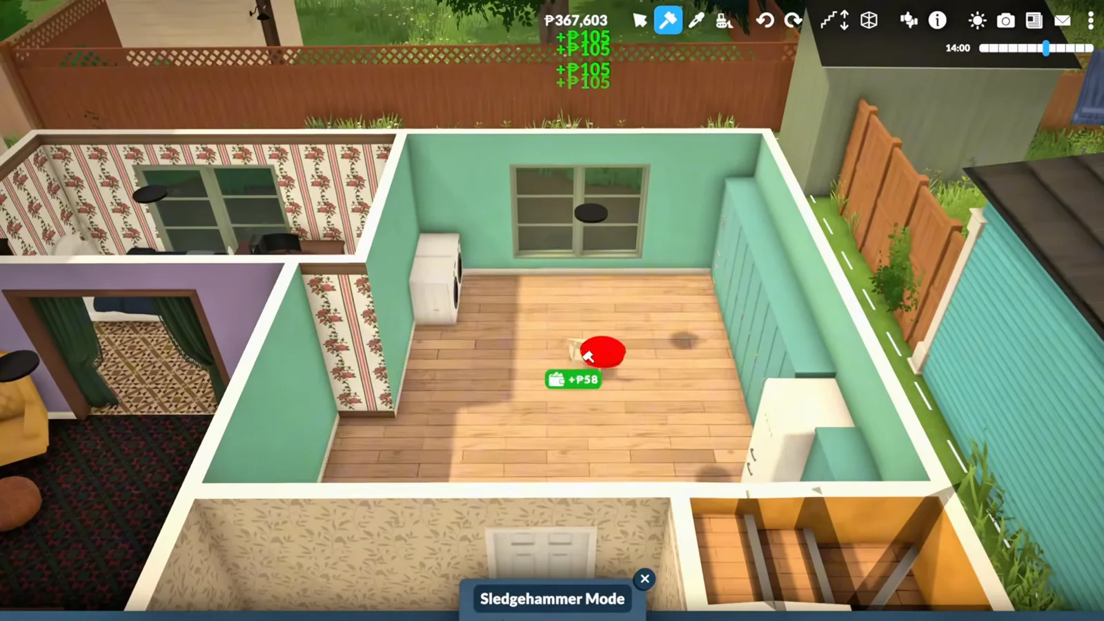 Paralives Sledgehammer Mode tearing out walls and furniture while the original purple bedroom walls, floral wallpaper and red carpet are still visible