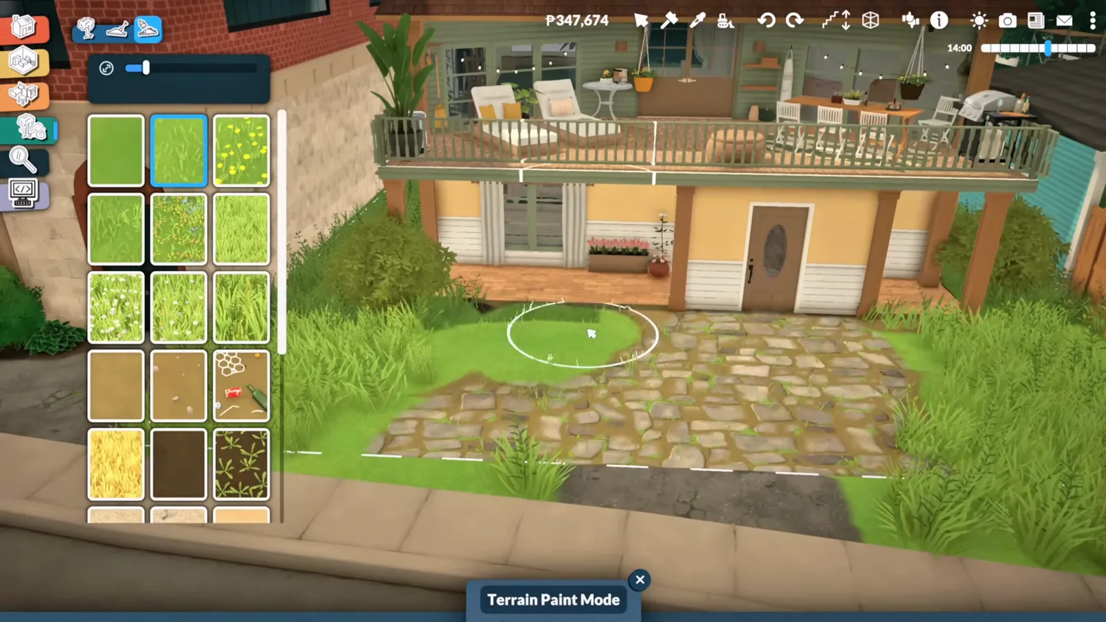 Front yard landscaping in Paralives with a stone pathway, planter boxes, porch plants and a bicycle by the renovated house entrance