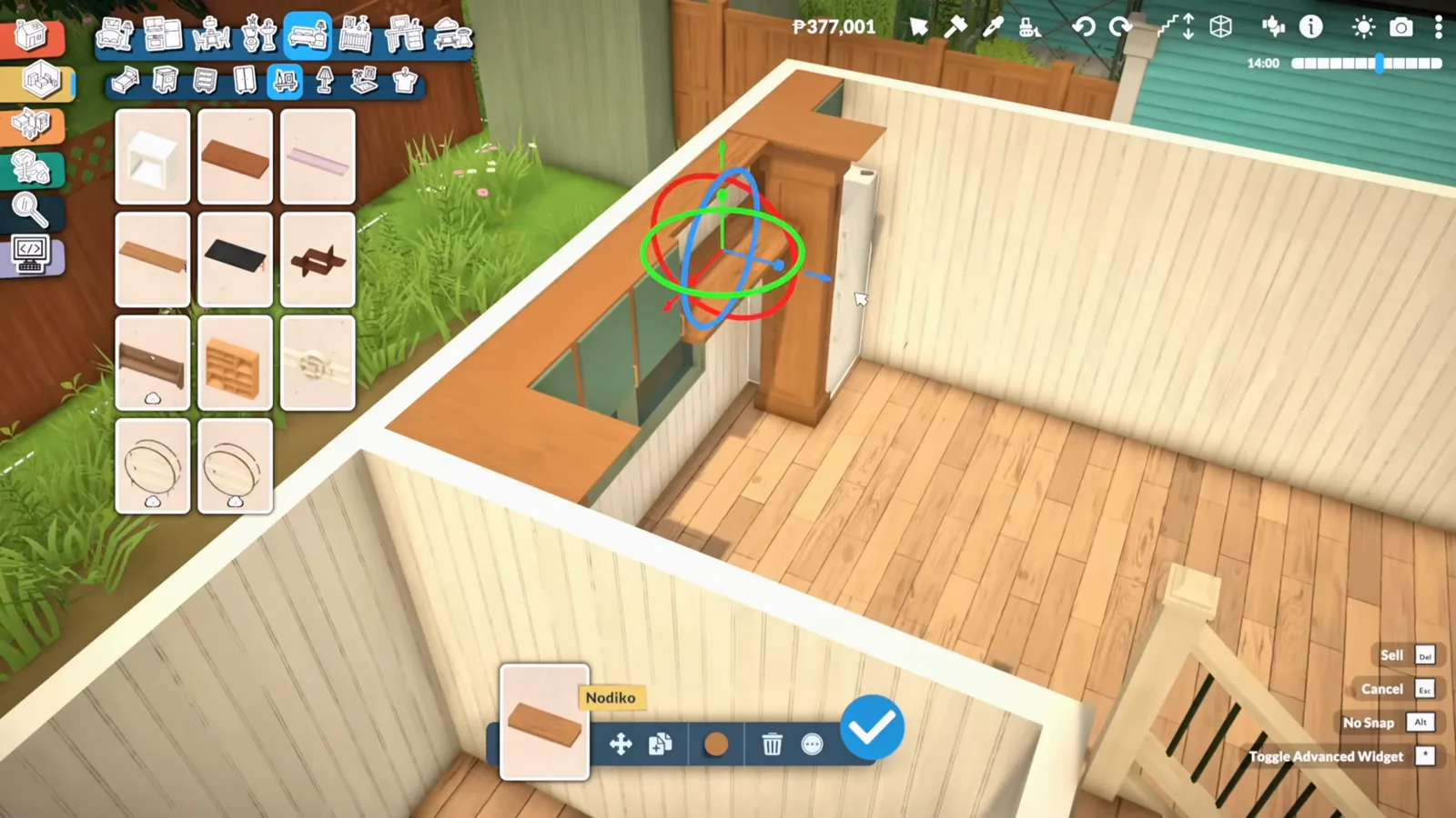 Paralives advanced rotation widget turning a kitchen counter piece against the wall during a custom built-in kitchen build