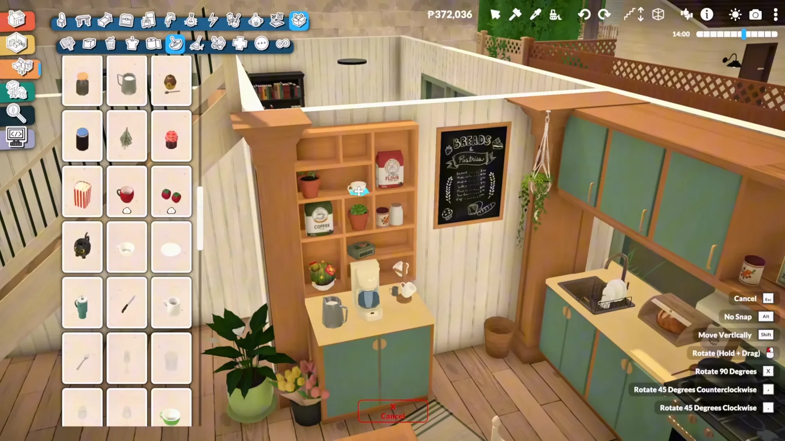 Finished renovated Paralives kitchen with green cabinets, a wall chalkboard menu, dresser shelves and everyday clutter on the counters
