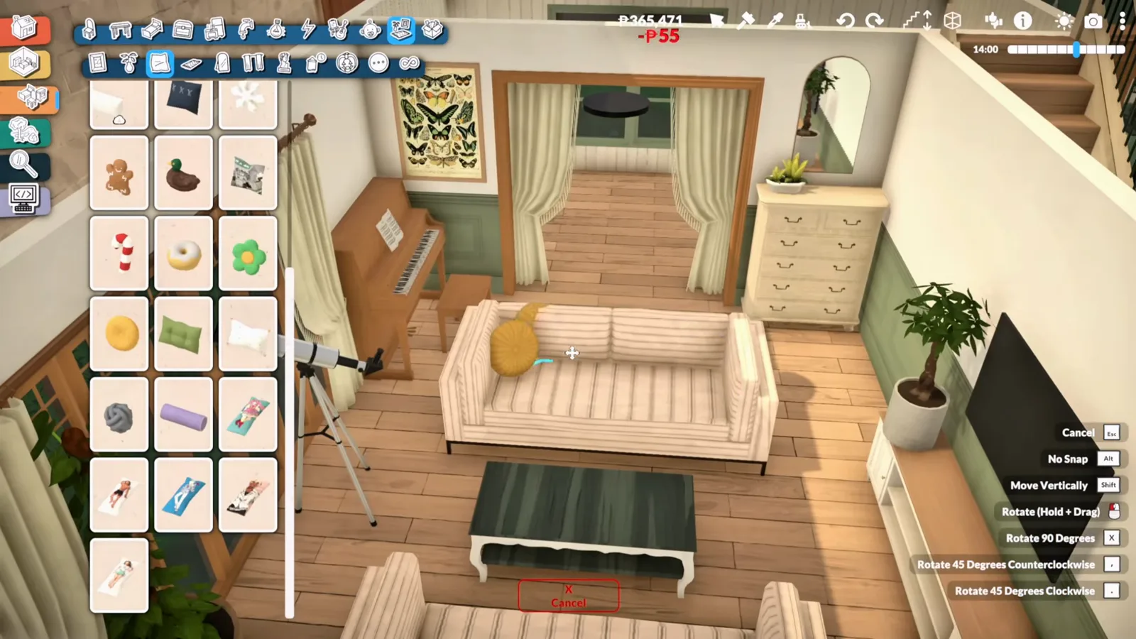 Renovated Paralives living room with white sofas, a TV wall and a telescope by the window replacing the old empty liminal space