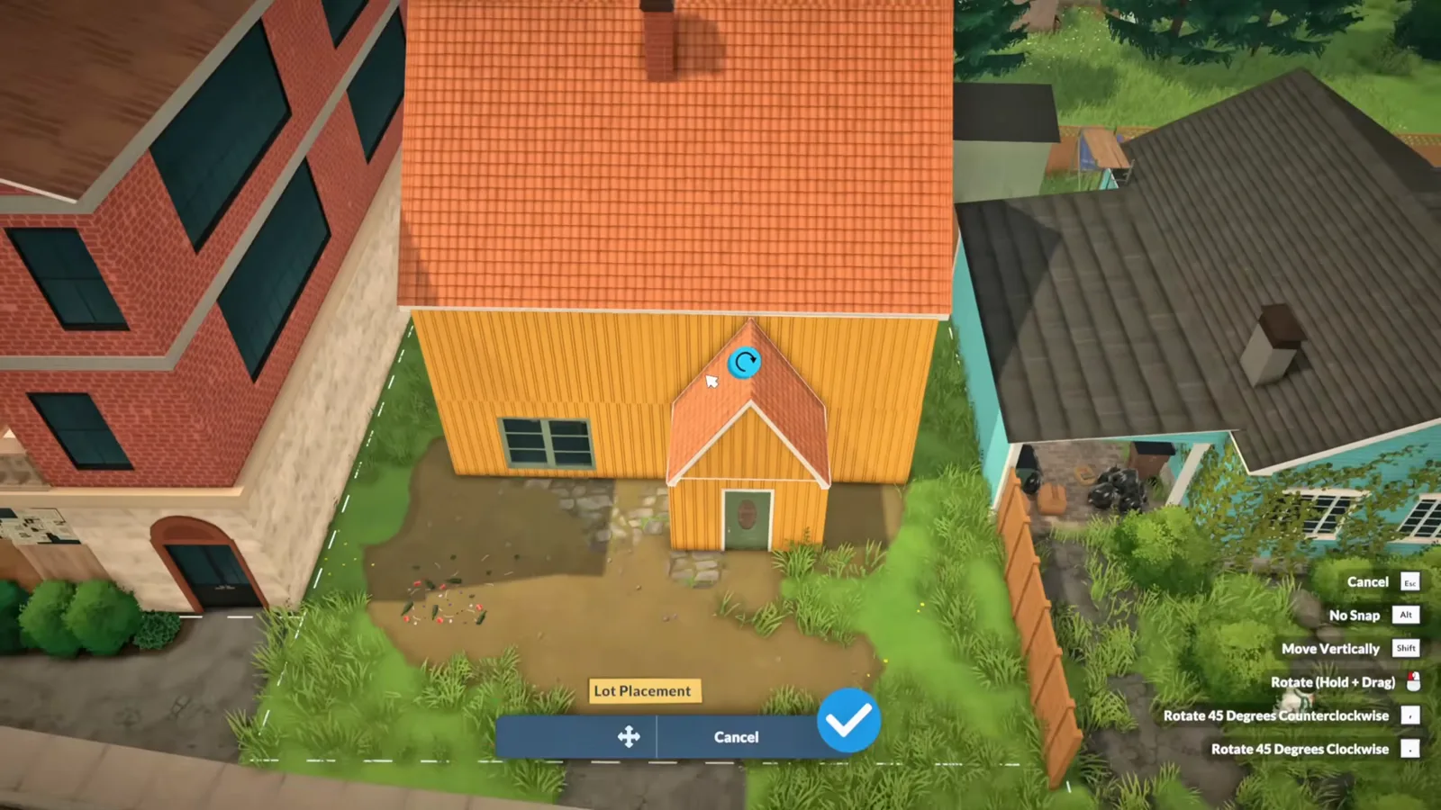 Placing a downloaded community house on an empty Paralives lot with the Lot Placement confirm button and rotation controls on screen