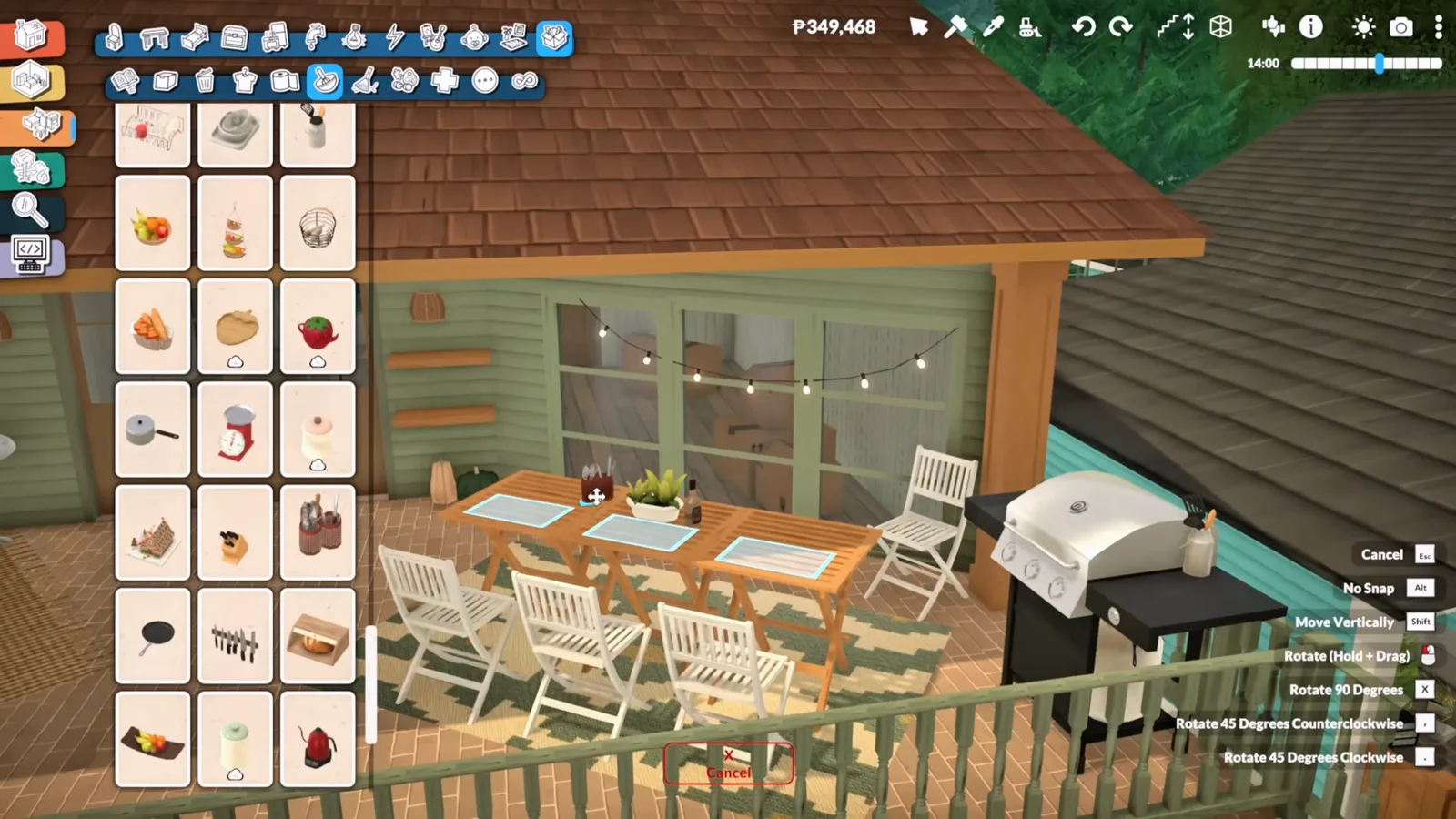Paralives terrace barbecue area with a set outdoor dining table, white chairs, a grill and string lights above the wooden deck