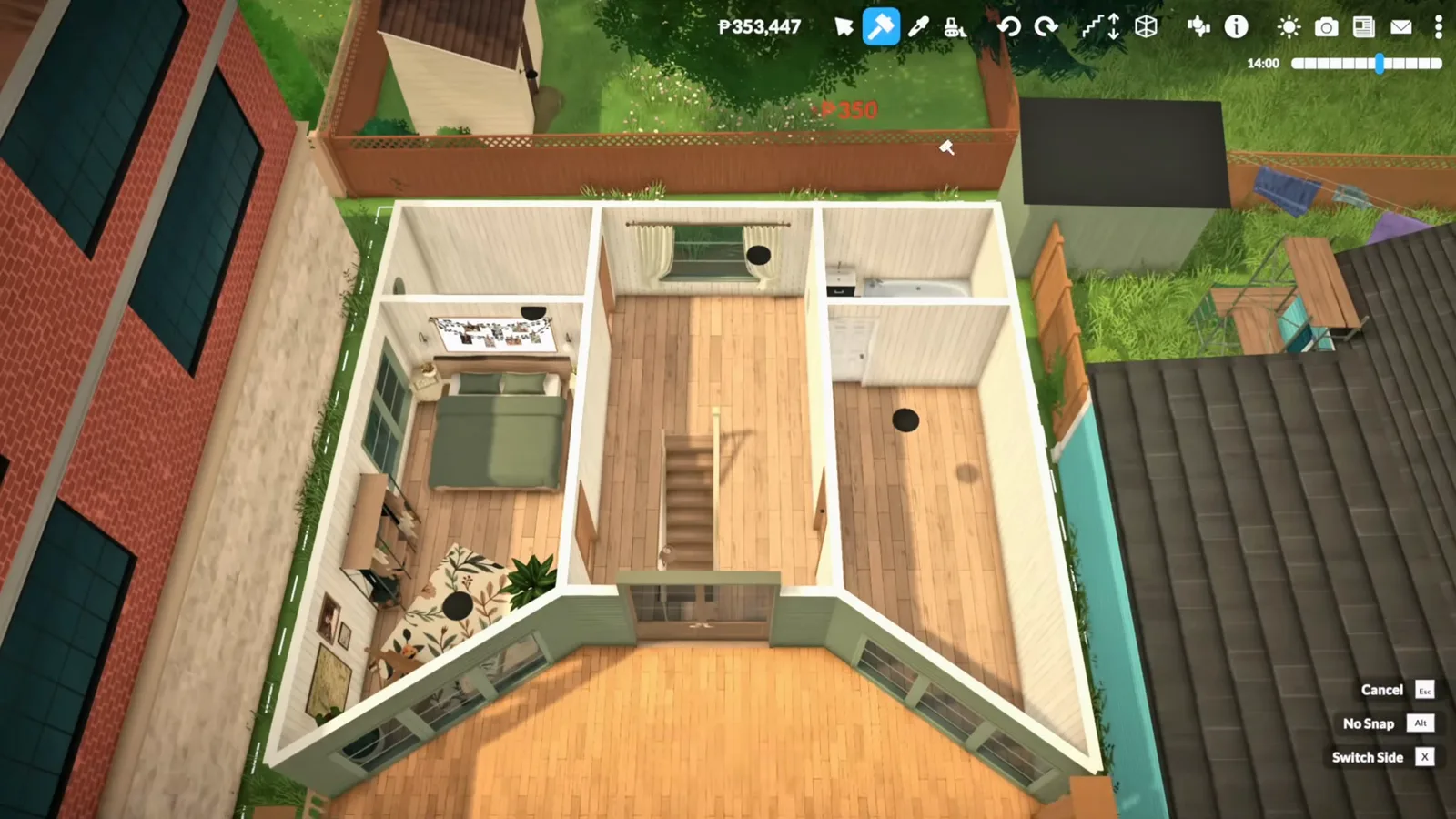 Paralives build mode top-down view of an empty upper floor being turned into a wooden terrace deck with new walls placed