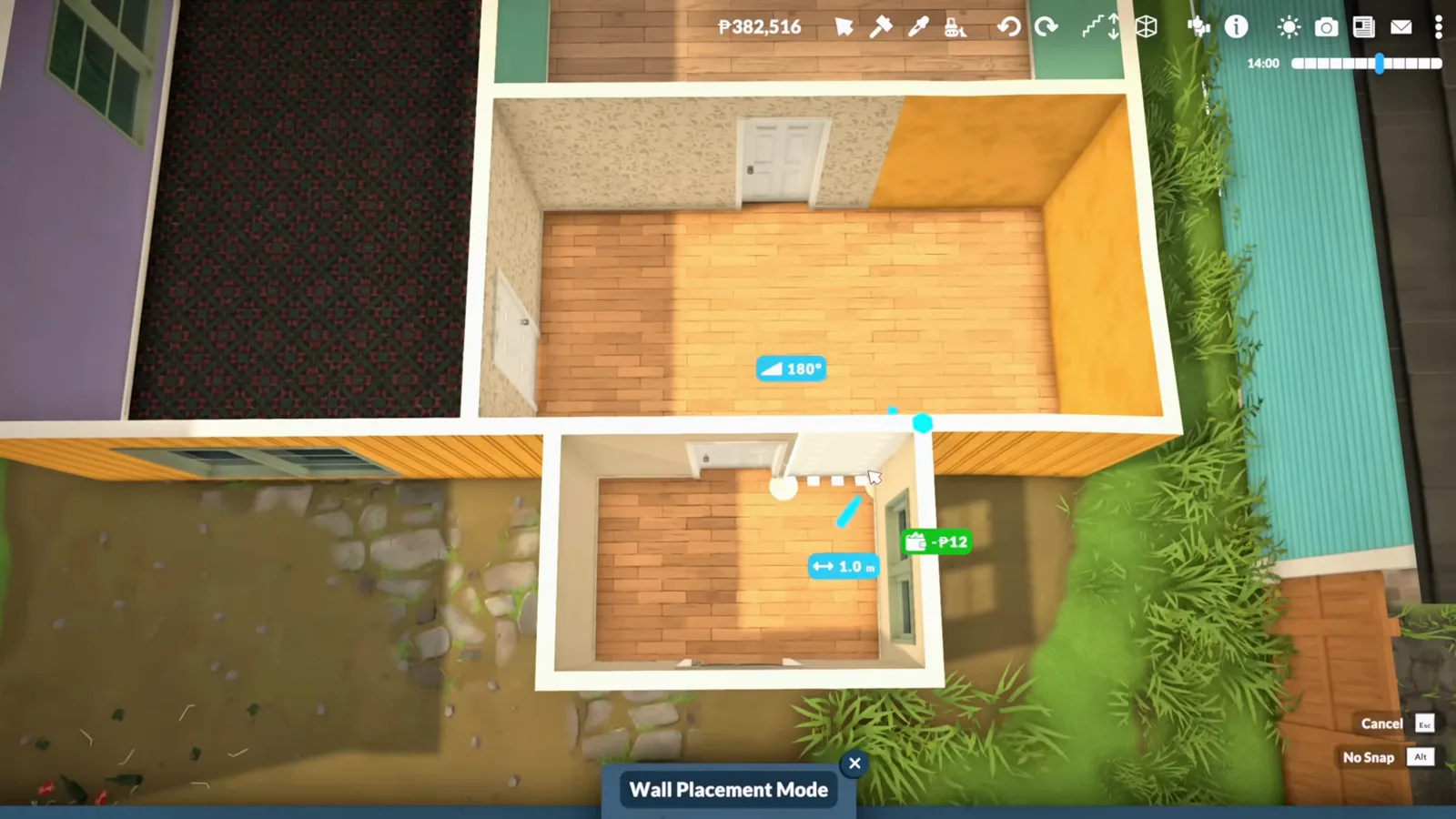 Paralives Wall Placement Mode redrawing the ground-floor layout of an orange house shell from a top-down view