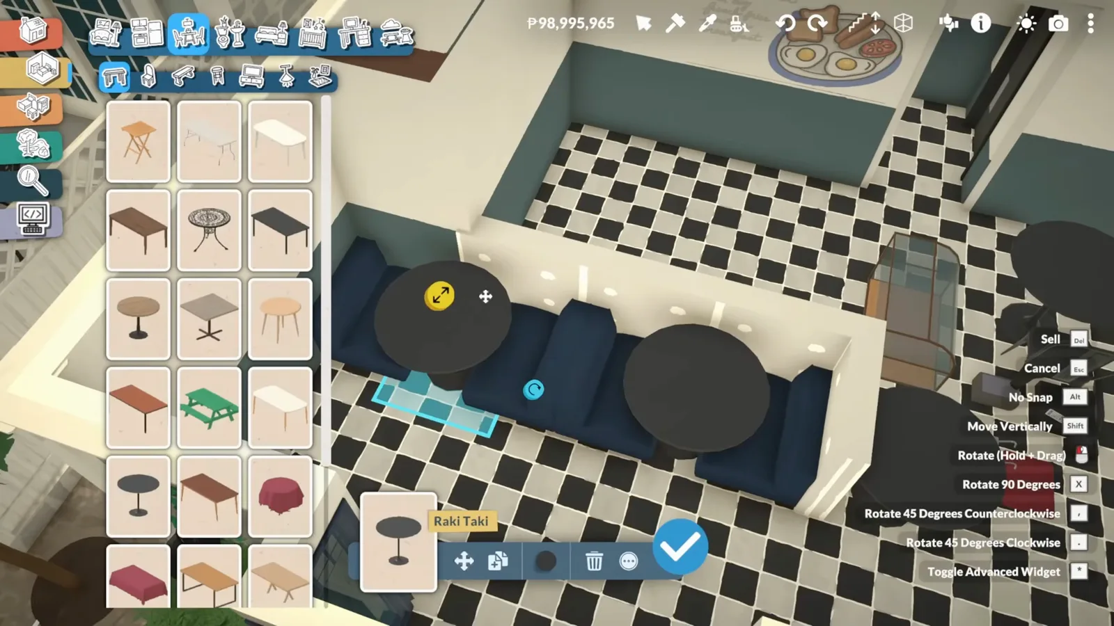 Paralives table catalogue places round black tables between navy booth benches on a checkerboard floor