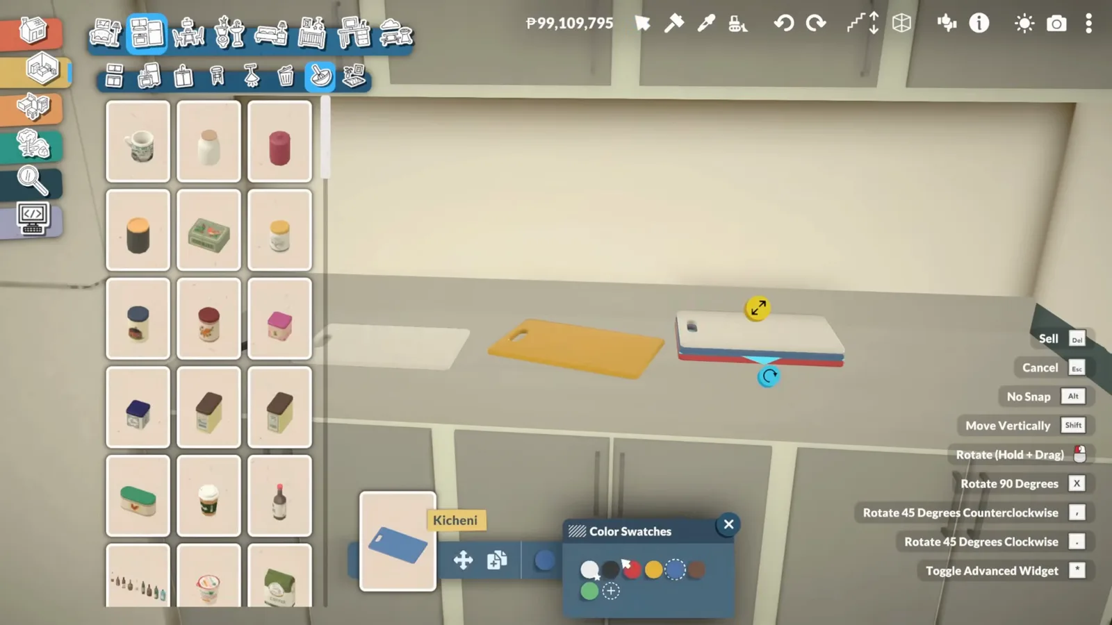 Paralives color swatches recolor a cutting board on the prep counter beside the open food catalogue