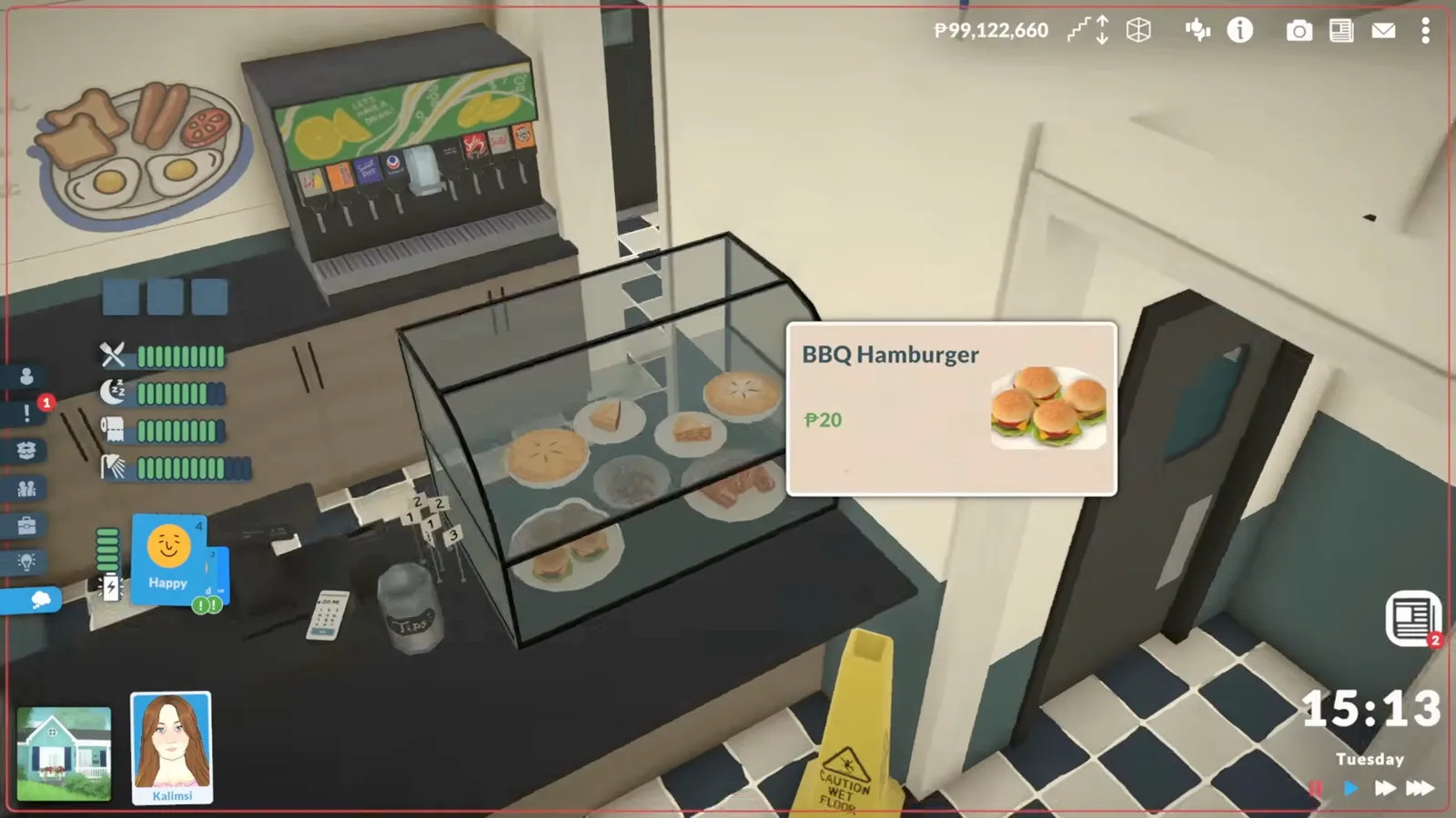 Paralives BBQ Hamburger order card opens over the stocked glass display case while a Para waits at the counter