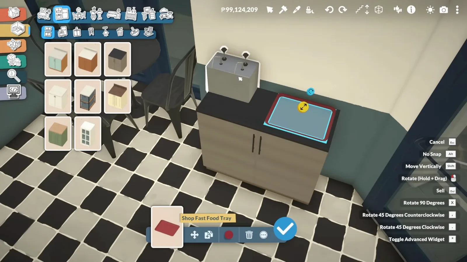 Paralives Shop Fast Food Tray tooltip slides a red tray into the slimmed self-serve cabinet by the door