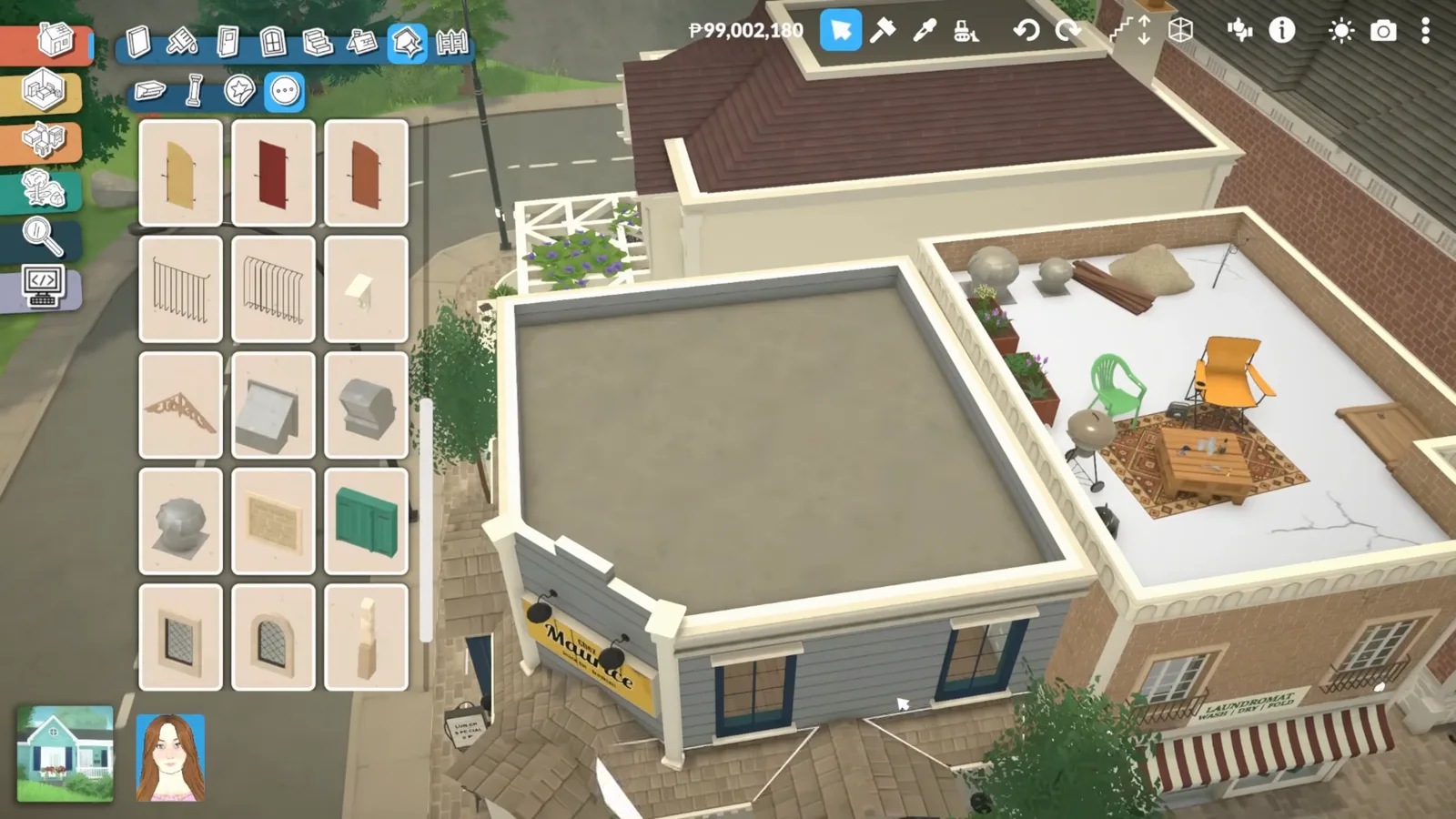 Top-down Paralives build view compares the new flat grey roof with the neighbor laundromat's furnished rooftop patio