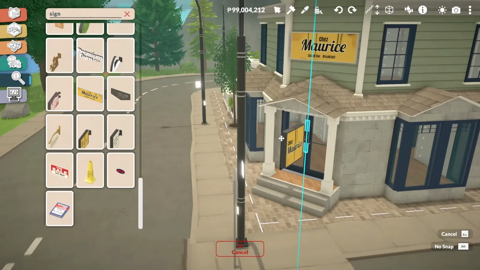 Paralives sign catalogue search sits open beside the unchanged Chez Maurice sign above the rebuilt corner entrance