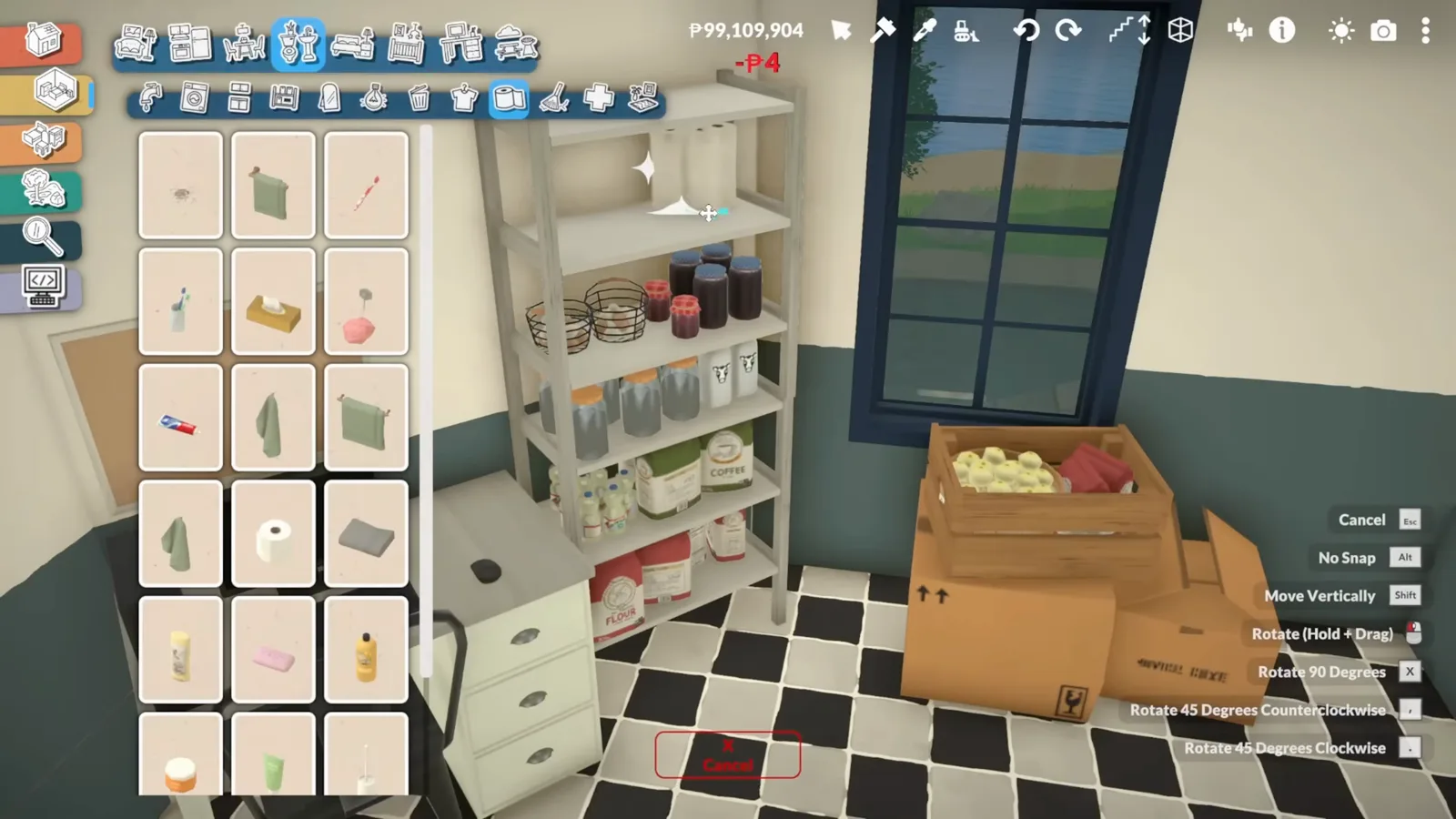 Paralives hygiene catalogue highlights a toilet paper roll next to the pantry shelf it will stock