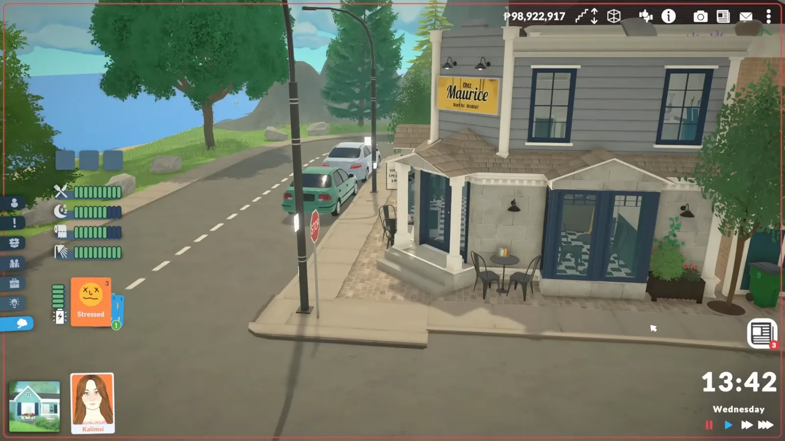 Finished Paralives fast-food restaurant on its corner lot, the Chez Maurice sign above navy storefront doors and a bistro table on the sidewalk