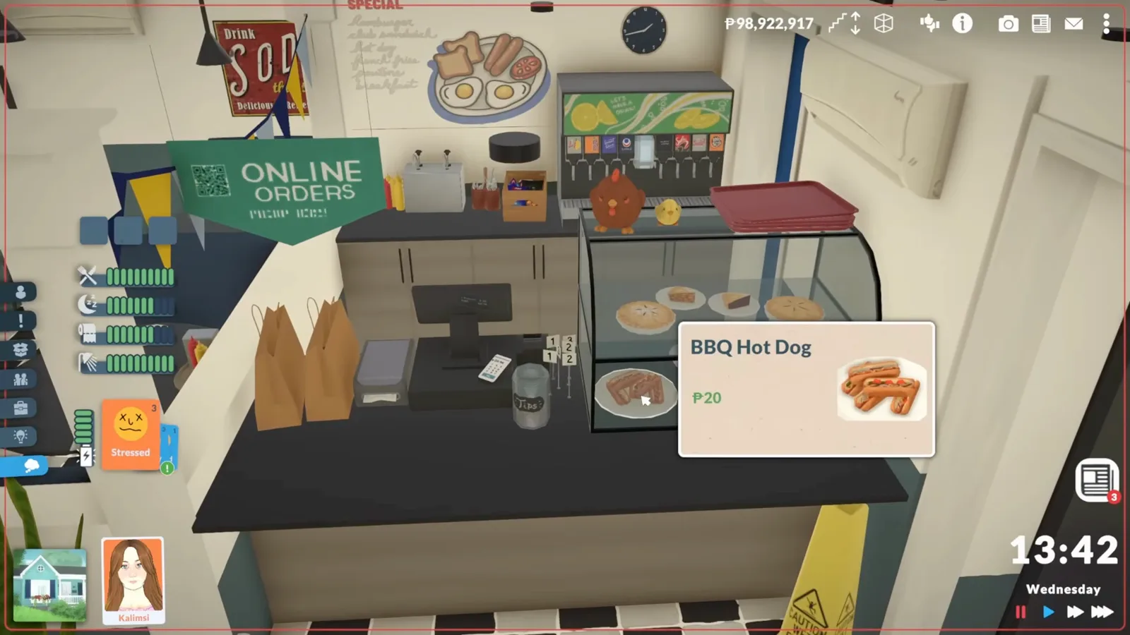 Paralives BBQ Hot Dog order card hovers over the finished counter where the Online Orders stand meets the soda fountain
