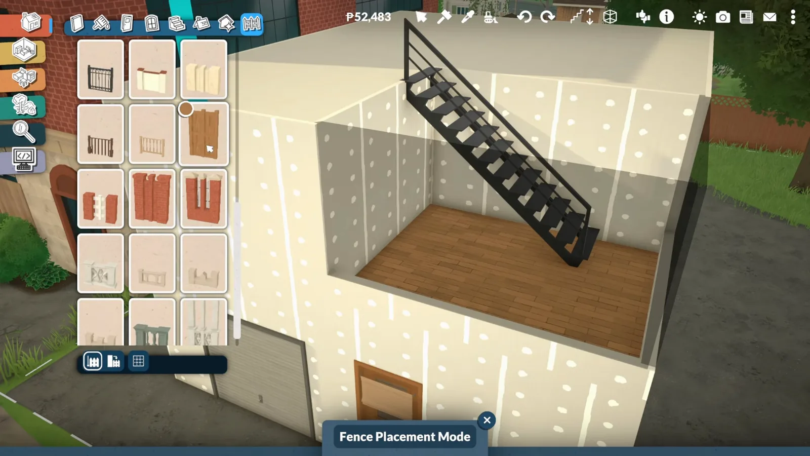 Paralives Fence Placement Mode with a fence catalogue ready to edge a rooftop deck beside an external staircase Paralives Fence Placement Mode with a fence catalogue ready to edge a rooftop deck beside an external staircase