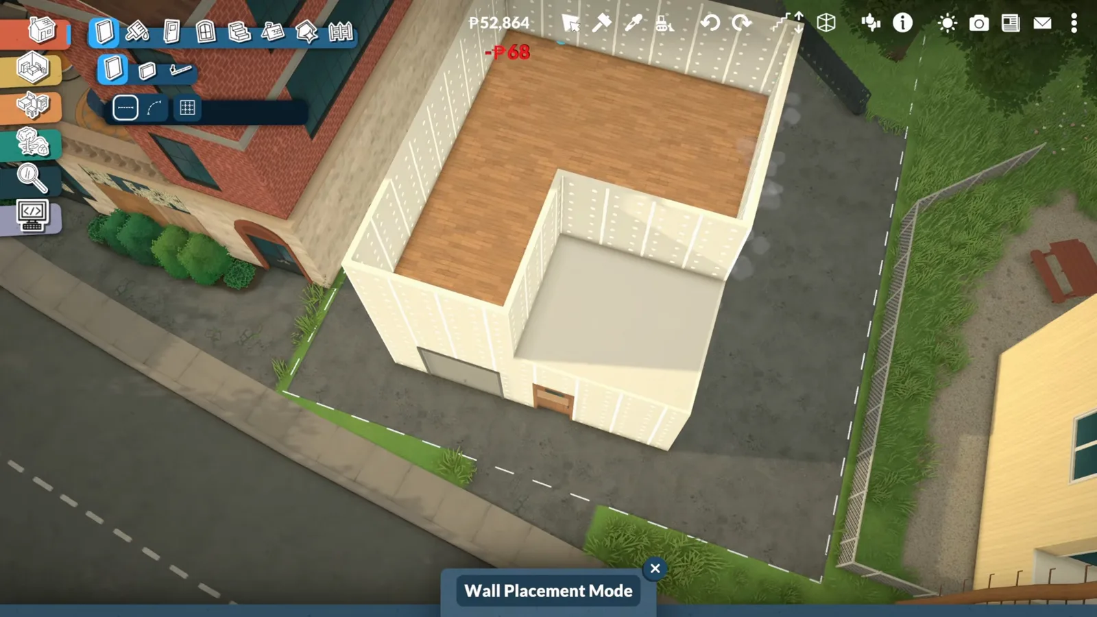 Top-down Paralives build view of a wooden deck floor laid around the staircase opening on a rooftop level Top-down Paralives build view of a wooden deck floor laid around the staircase opening on a rooftop level