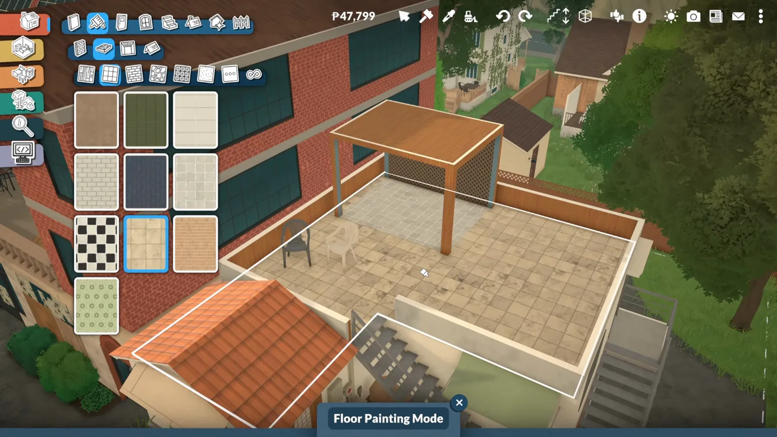 Paralives Floor Painting Mode tiling the terrace floor beneath a rooftop pergola Paralives Floor Painting Mode tiling the terrace floor beneath a rooftop pergola