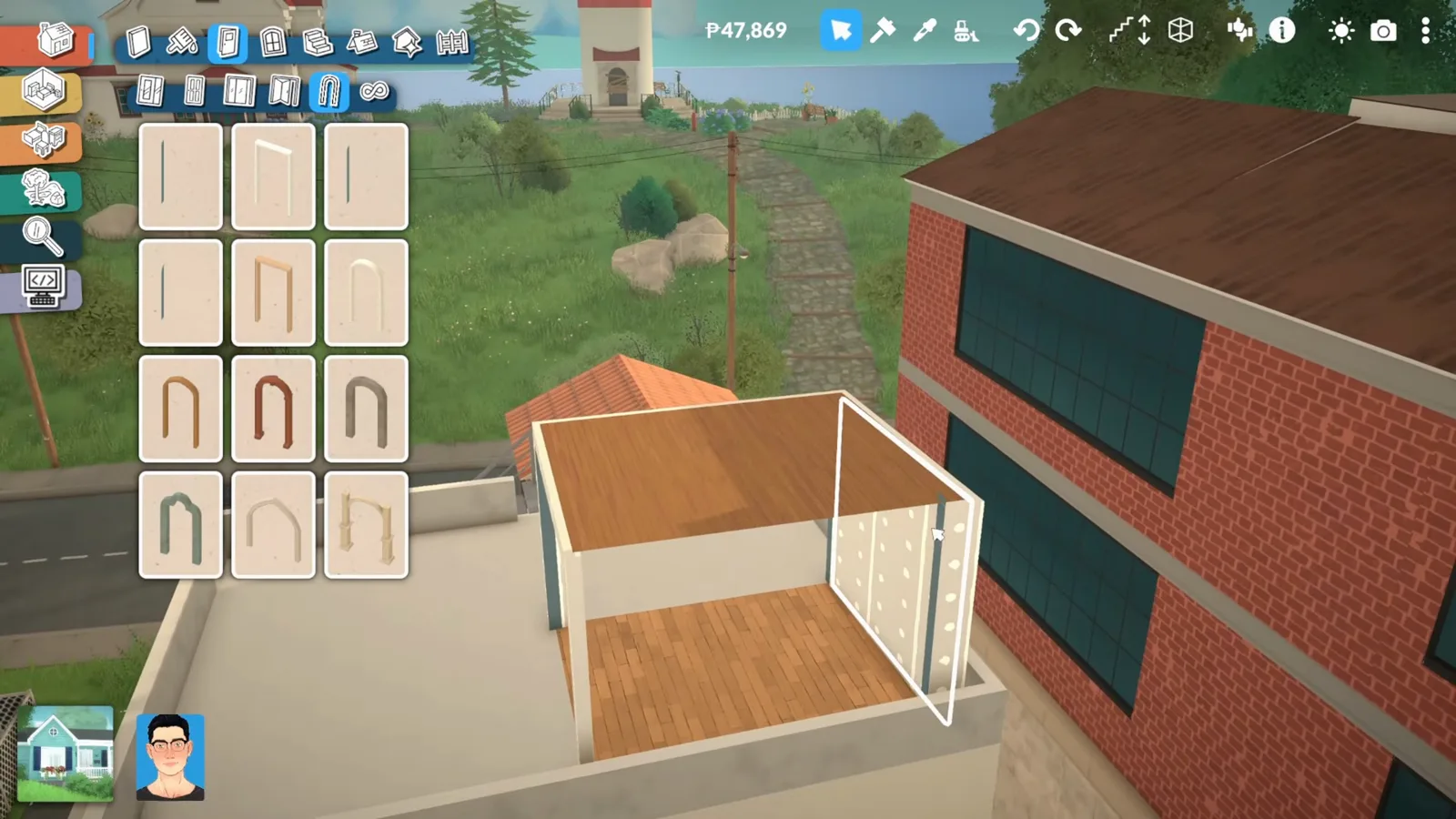 A small open room with a wooden roof standing in as a pergola on a Paralives rooftop, wall catalogue open beside it A small open room with a wooden roof standing in as a pergola on a Paralives rooftop, wall catalogue open beside it