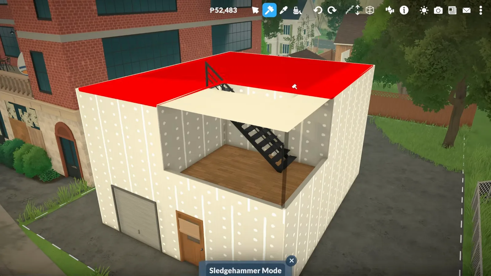 Sledgehammer Mode highlighting a Paralives roof slab in red before deleting it to open a rooftop deck Sledgehammer Mode highlighting a Paralives roof slab in red before deleting it to open a rooftop deck