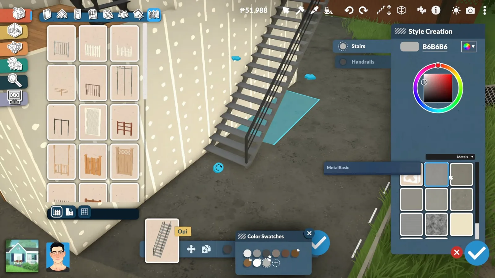 Paralives Style Creation panel recoloring a staircase with separate Stairs and Handrail material tabs open Paralives Style Creation panel recoloring a staircase with separate Stairs and Handrail material tabs open