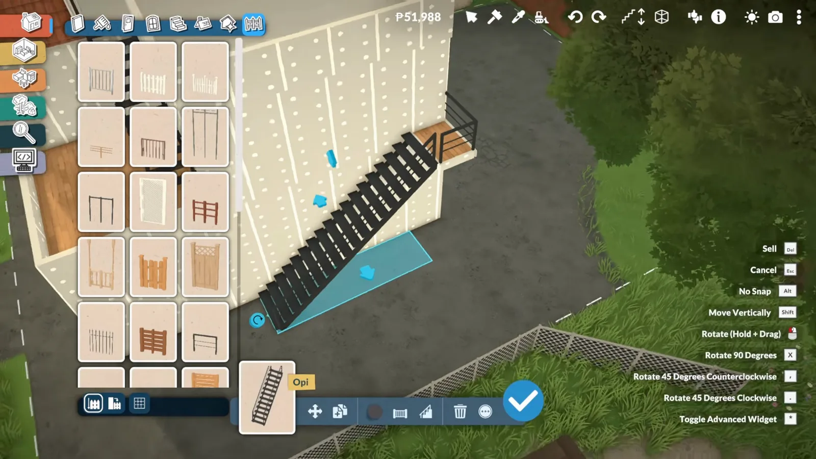 A black Paralives staircase selected with the move gizmo while the handrail tooltip and rotation shortcut list stay on screen A black Paralives staircase selected with the move gizmo while the handrail tooltip and rotation shortcut list stay on screen