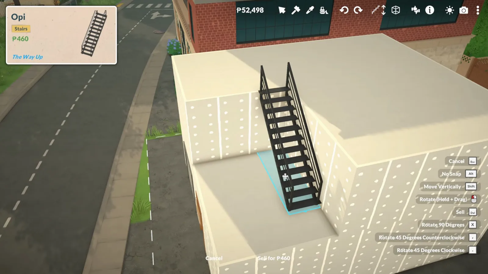 The placed Paralives staircase standing on the rooftop level with the Sell and Move Vertically transform shortcuts listed beside it The placed Paralives staircase standing on the rooftop level with the Sell and Move Vertically transform shortcuts listed beside it