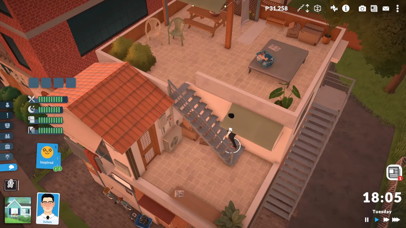 A Par climbing the external staircase to a Paralives rooftop terrace in live mode at sunset with needs bars visible A Par climbing the external staircase to a Paralives rooftop terrace in live mode at sunset with needs bars visible