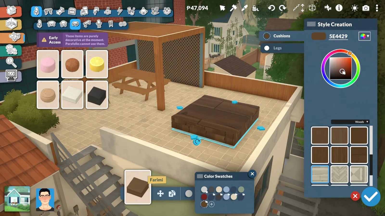 Style Creation material swatches turning a Paralives sofa into a stone rooftop bench under a pergola Style Creation material swatches turning a Paralives sofa into a stone rooftop bench under a pergola