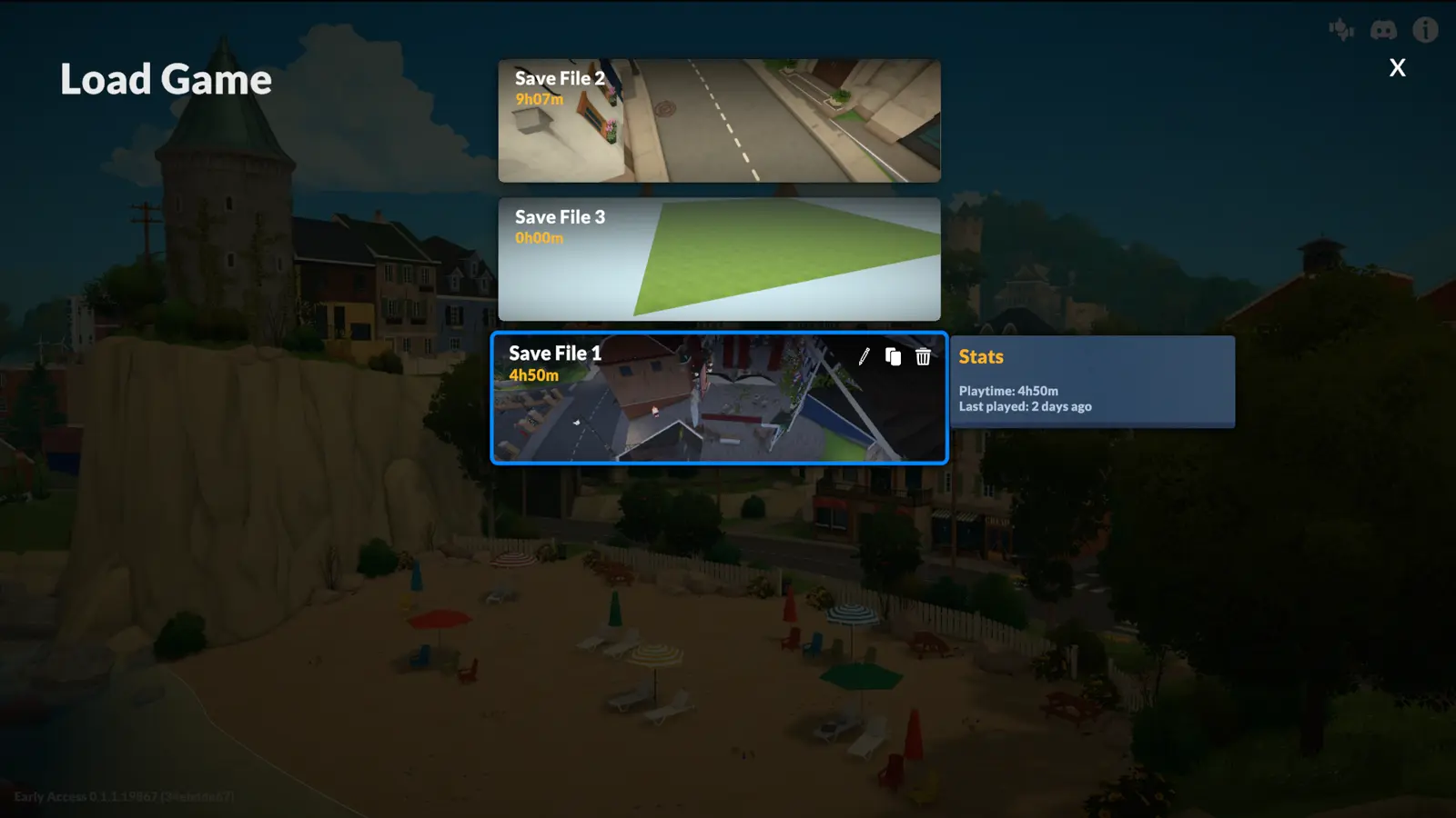 In-game screenshot of Paralives' main-menu Load Game screen, showing three save thumbnails (Save File 1 selected with 4h50m playtime, Save File 2, Save File 3) and a Stats panel with Playtime and Last played; the screen players see when a save refuses to load. In-game screenshot of Paralives' main-menu Load Game screen, showing three save thumbnails (Save File 1 selected with 4h50m playtime, Save File 2, Save File 3) and a Stats panel with Playtime and Last played; the screen players see when a save refuses to load.