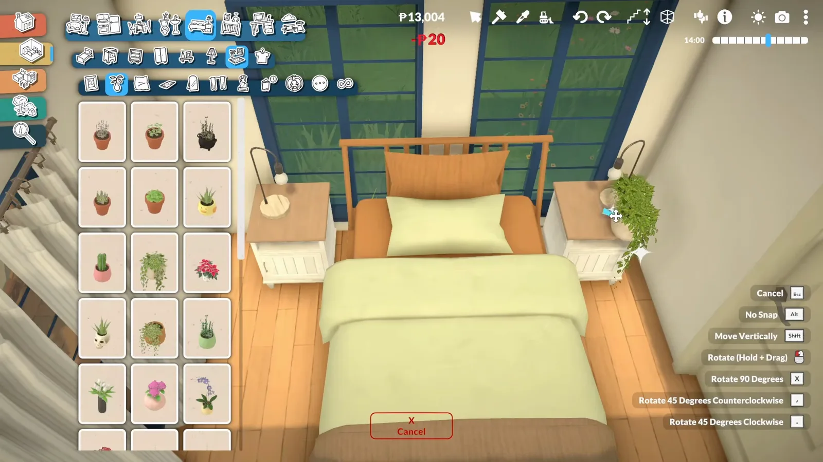 Paralives bedroom with a wooden bed dressed in orange and yellow bedding between two white nightstands while the potted plant catalogue stays open