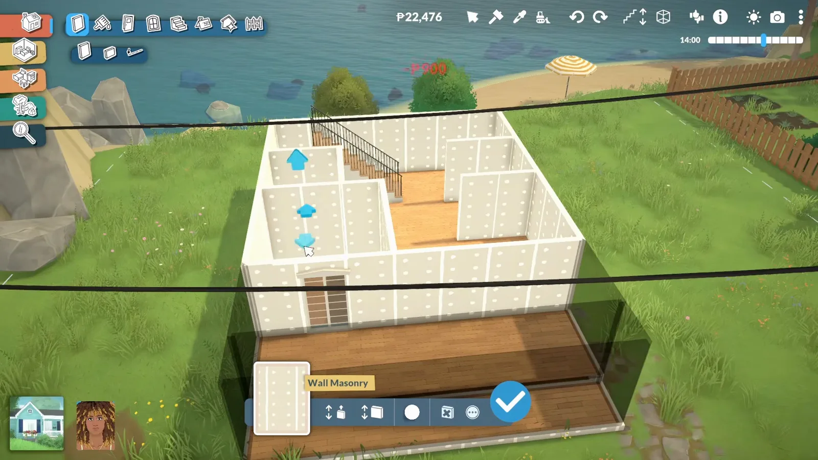 Paralives build view over a wooden staircase with black metal railing inside white walls as a Wall Masonry material card and a P900 cost preview appear