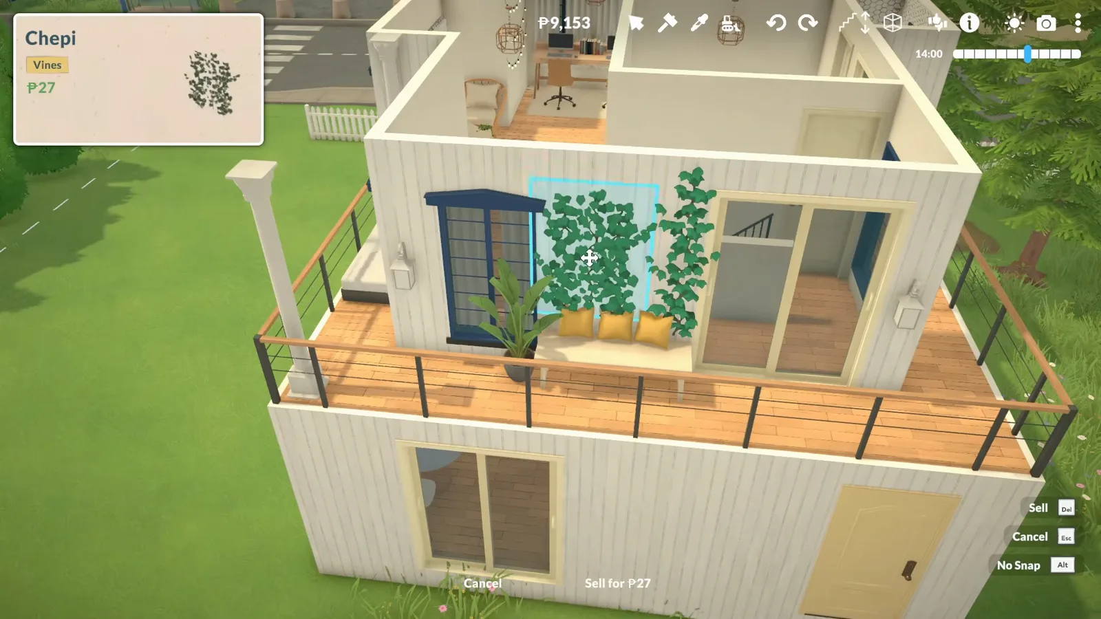 Paralives item card for Chepi vines at P27 beside green vines climbing the balcony wall behind a bench with yellow cushions