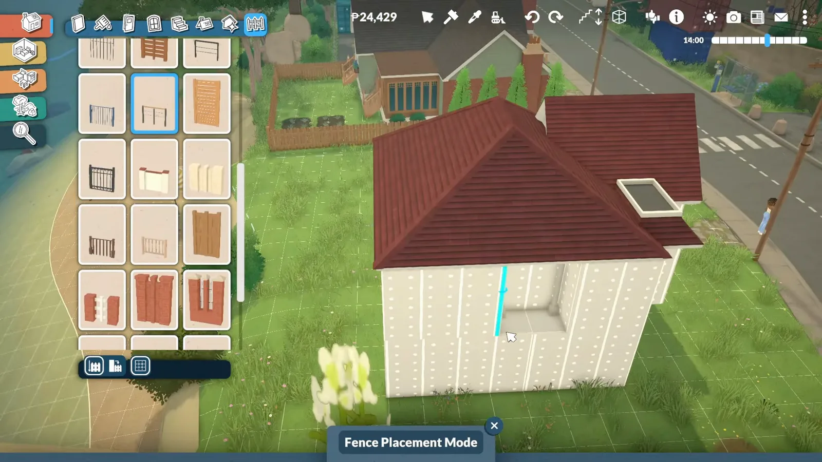 Paralives Fence Placement Mode open with iron, picket and gate cards while the white house with its red-brown roof stands by the street