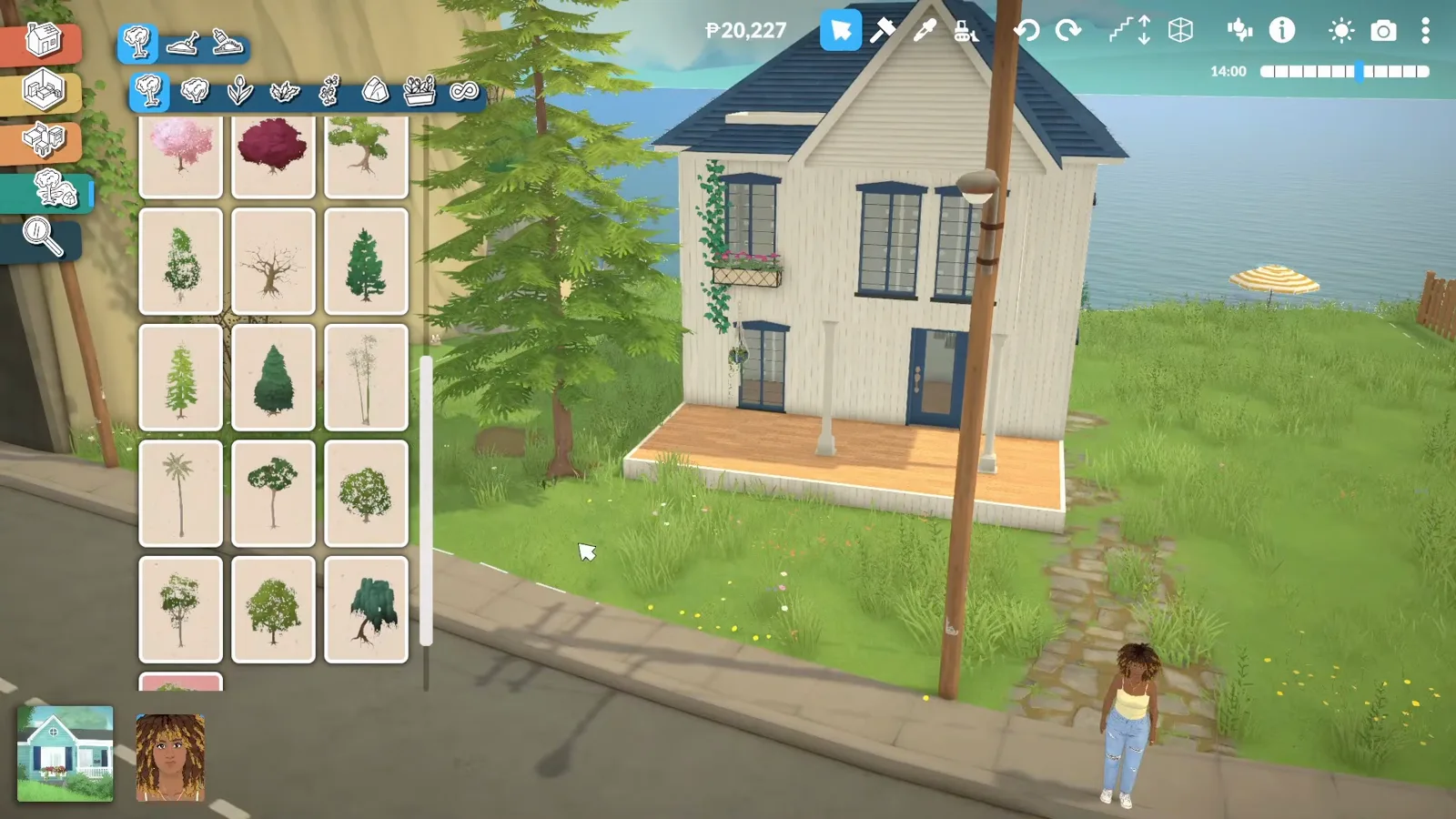 Paralives plant catalogue with blossom, conifer and birch cards open beside the finished two-storey house as a character walks the stone path