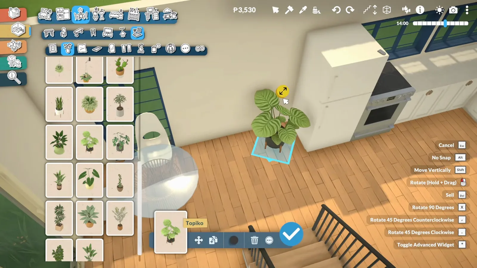 Paralives kitchen with white fridge, steel range and wood floor as the Topiko potted plant card opens beside a large plant being scaled by the counter