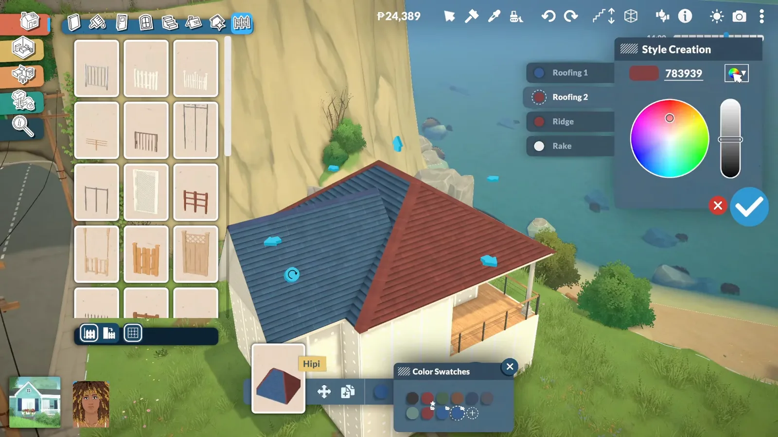 Paralives Style Creation panel listing Roofing 1, Roofing 2, Ridge and Rake beside a colour wheel as the roof sits half navy and half red-brown mid recolour