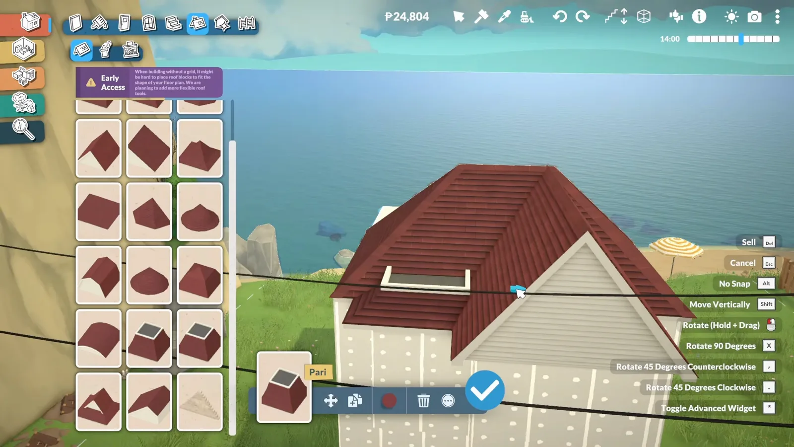 Paralives roof catalogue showing dark red roof shape cards with an Early Access warning banner while a red-brown hip roof with a skylight sits on the white house